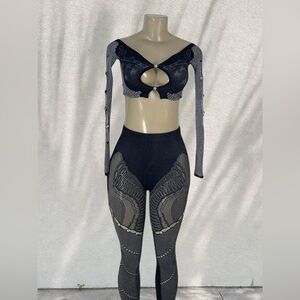 🖤 Black Mesh Cut-Out Two-Piece Set | Rhinestone Detail & Long Sleeve 🖤